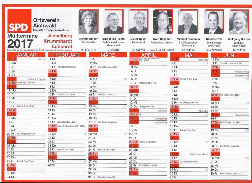 Müllkalender Aichelberg, Krummhardt, Lobenrot 1. HJ 2017